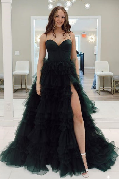 A Line Sweetheart Neck Open Back Dark Green Tulle Long Prom Dress with High Slit, Fluffy Dark Green Formal Graduation Evening Dress A2133