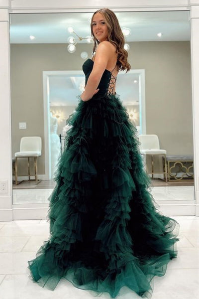 A Line Sweetheart Neck Open Back Dark Green Tulle Long Prom Dress with High Slit, Fluffy Dark Green Formal Graduation Evening Dress A2133