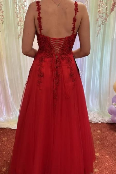 A Line Sweetheart Neck Open Back Red Lace Long Prom Dress, Red Lace Formal Dress, Red Evening Dress A2530