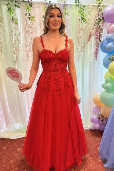 A Line Sweetheart Neck Open Back Red Lace Long Prom Dress, Red Lace Formal Dress, Red Evening Dress A2530