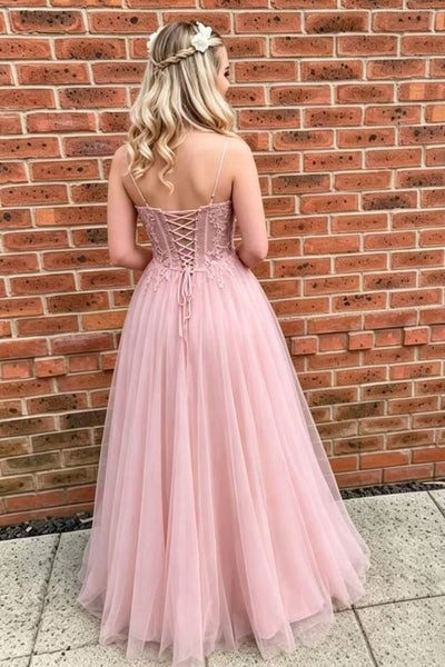 A Line Sweetheart Neck Pink Lace Long Prom Dress, Pink Lace Formal Graduation Evening Dress A2619