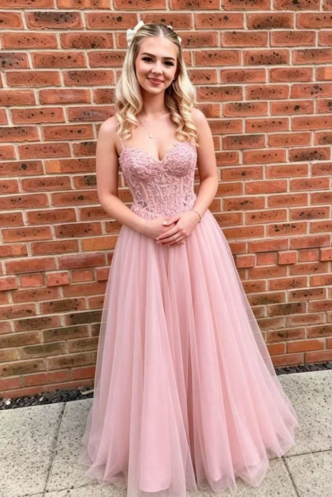 A Line Sweetheart Neck Pink Lace Long Prom Dress, Pink Lace Formal Graduation Evening Dress A2619