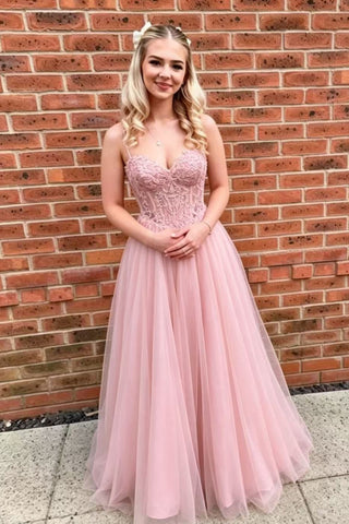 A Line Sweetheart Neck Pink Lace Long Prom Dress, Pink Lace Formal Graduation Evening Dress A2619