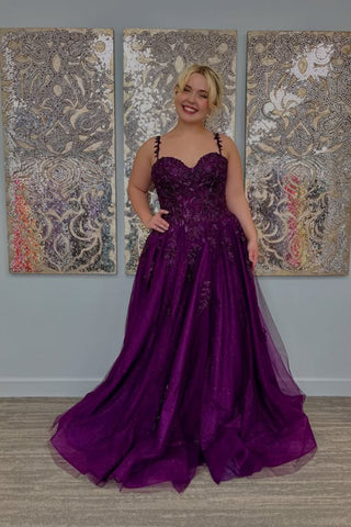 A Line Sweetheart Neck Purple Lace Long Prom Dress, Purple Lace Formal Dress, Purple Evening Dress A2499