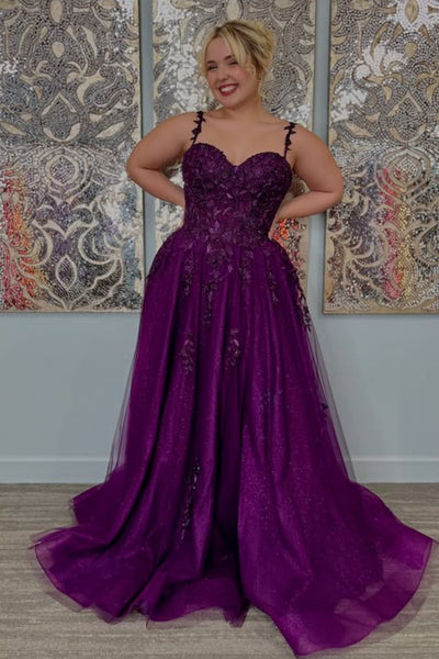 A Line Sweetheart Neck Purple Lace Long Prom Dress, Purple Lace Formal Dress, Purple Evening Dress A2499