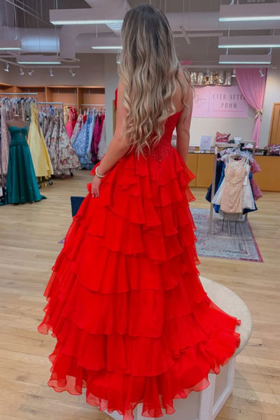 A Line Sweetheart Neck Ruffle Red Lace Long Prom Dress with High Slit, Red Lace Formal Dress, Red Evening Dress A2289