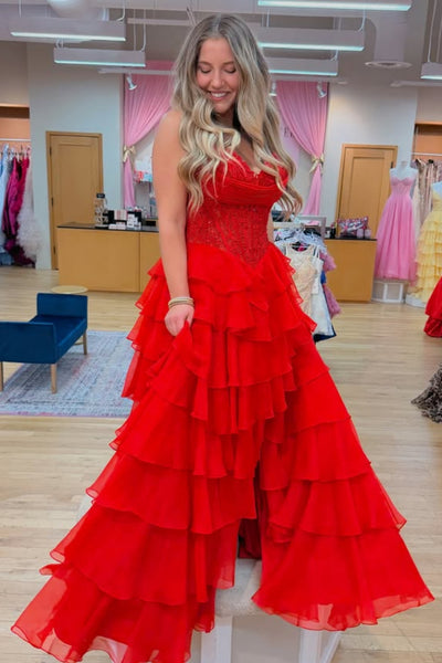 A Line Sweetheart Neck Ruffle Red Lace Long Prom Dress with High Slit, Red Lace Formal Dress, Red Evening Dress A2289
