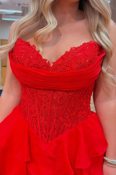 A Line Sweetheart Neck Ruffle Red Lace Long Prom Dress with High Slit, Red Lace Formal Dress, Red Evening Dress A2289