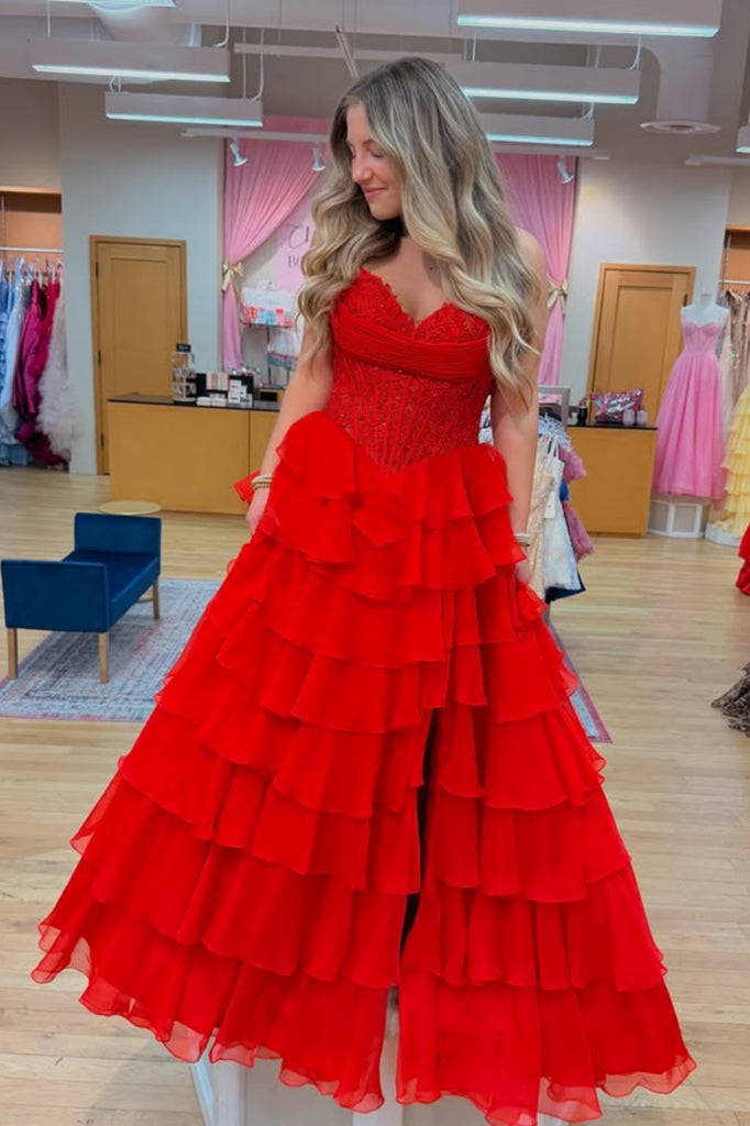 A Line Sweetheart Neck Ruffle Red Lace Long Prom Dress with High Slit, Red Lace Formal Dress, Red Evening Dress A2289