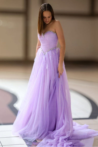 A Line Sweetheart Neck Strapless Beaded Lilac Tulle Long Prom Dress, Long Lilac Formal Graduation Evening Dress A2522