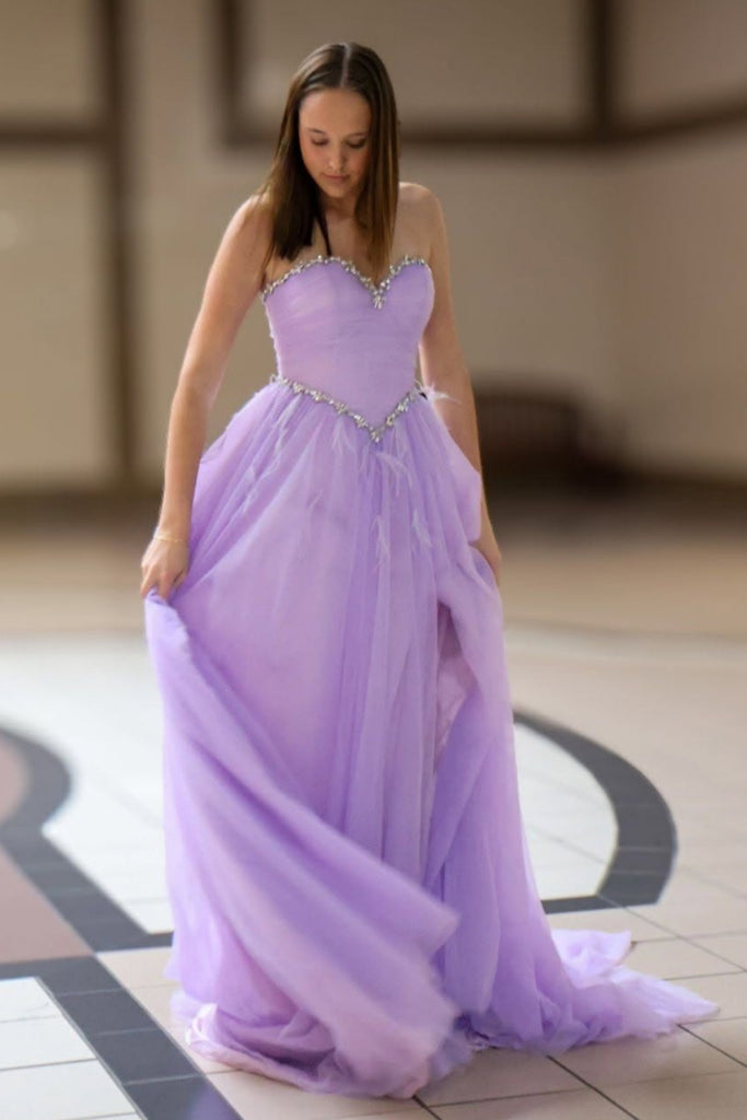 A Line Sweetheart Neck Strapless Beaded Lilac Tulle Long Prom Dress, Long Lilac Formal Graduation Evening Dress A2522