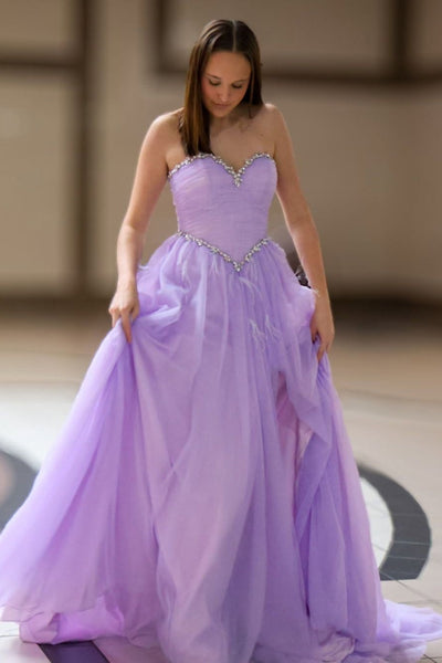 A Line Sweetheart Neck Strapless Beaded Lilac Tulle Long Prom Dress, Long Lilac Formal Graduation Evening Dress A2522