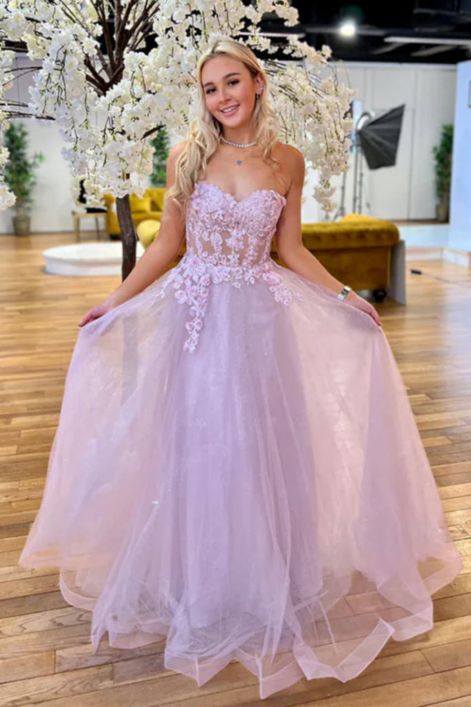 A Line Sweetheart Neck Strapless Pink Lace Long Prom Dress, Pink Lace Formal Graduation Evening Dress A2372