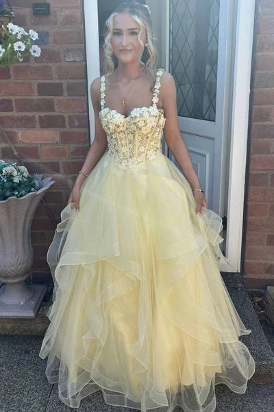 A Line Sweetheart Neck Yellow Lace Long Prom Dress, Yellow Lace Formal Dress, Fluffy Yellow Evening Dress A2488