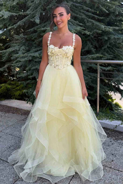 A Line Sweetheart Neck Yellow Lace Long Prom Dress, Yellow Lace Formal Dress, Fluffy Yellow Evening Dress A2488