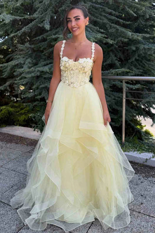 A Line Sweetheart Neck Yellow Lace Long Prom Dress, Yellow Lace Formal Dress, Fluffy Yellow Evening Dress A2488