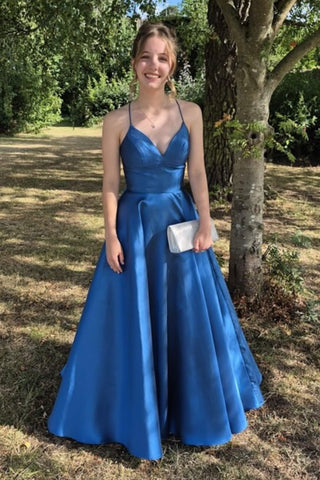 A Line V Neck Backless Blue Satin Long Prom Dress, Backless Blue Formal Dress, Blue Evening Dress A2276