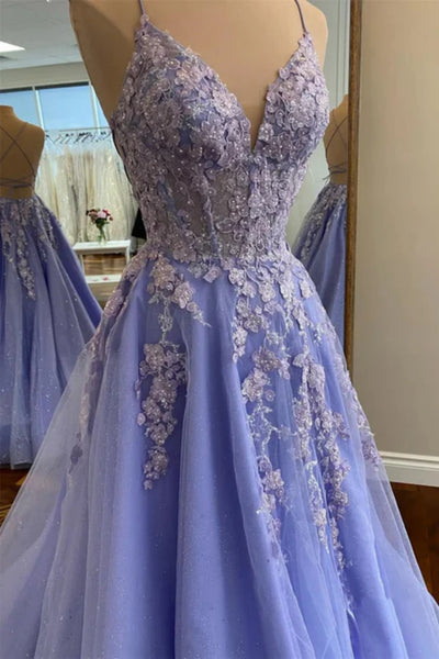 A Line V Neck Backless Lilac Lace Long Prom Dress, Lilac Lace Formal Dress, Lilac Evening Dress A2482
