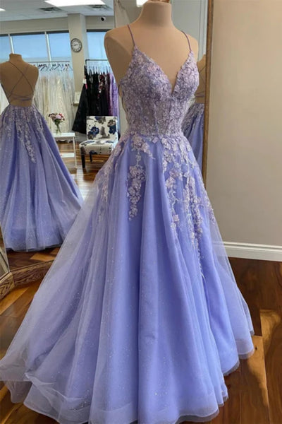 A Line V Neck Backless Lilac Lace Long Prom Dress, Lilac Lace Formal Dress, Lilac Evening Dress A2482