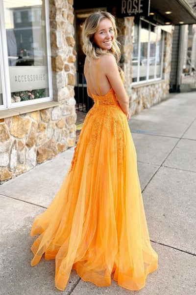 A Line V Neck Backless Orange Lace Long Prom Dress, Orange Lace Formal Dress, Orange Evening Dress A2127