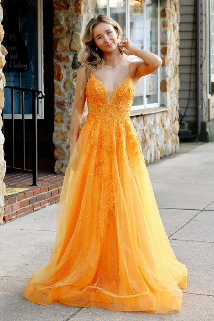 A Line V Neck Backless Orange Lace Long Prom Dress, Orange Lace Formal abcprom A Line V Neck Backless Orange Lace Long Prom Dress, Orange Lace Formal abcprom