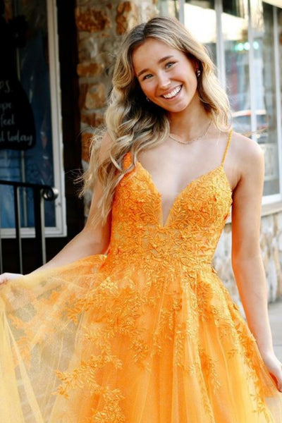 A Line V Neck Backless Orange Lace Long Prom Dress, Orange Lace Formal Dress, Orange Evening Dress A2127