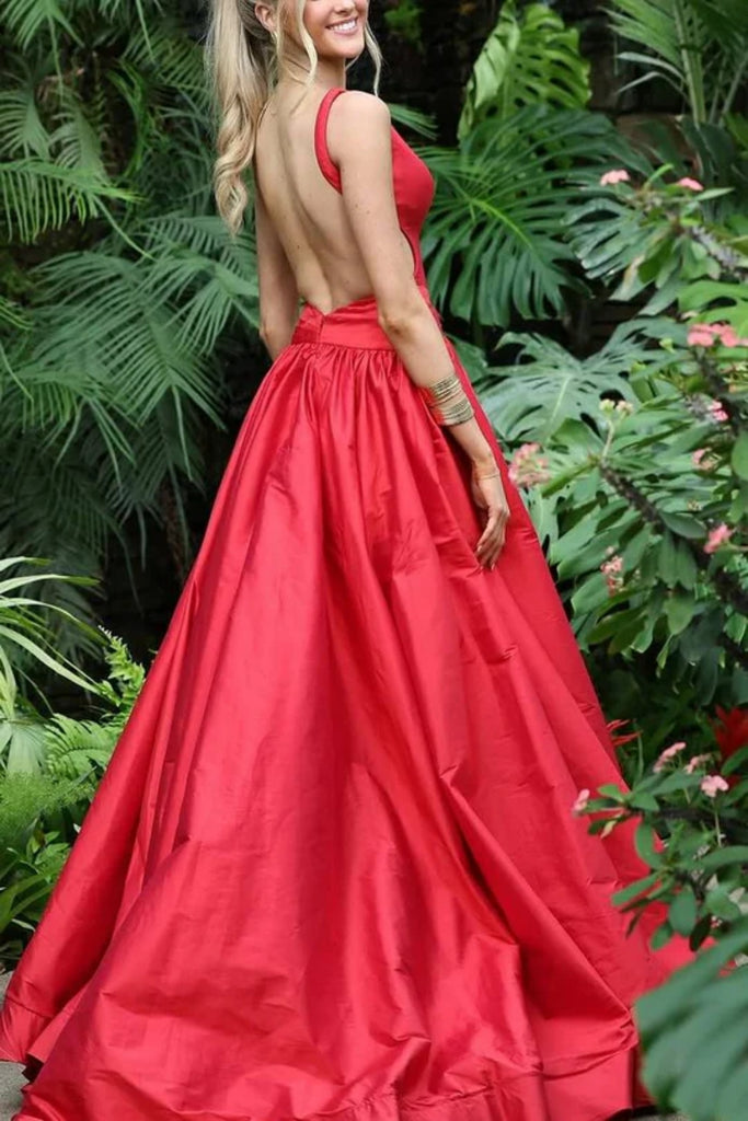 A Line V Neck Backless Red Satin Long Prom Dress with High Slit, Backl abcprom A Line V Neck Backless Red Satin Long Prom Dress with High Slit, Backl abcprom