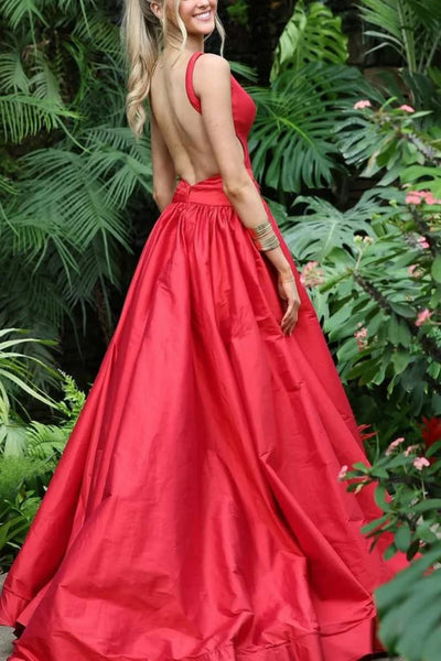 A Line V Neck Backless Red Satin Long Prom Dress with High Slit, Backless Red Formal Graduation Evening Dress A2396