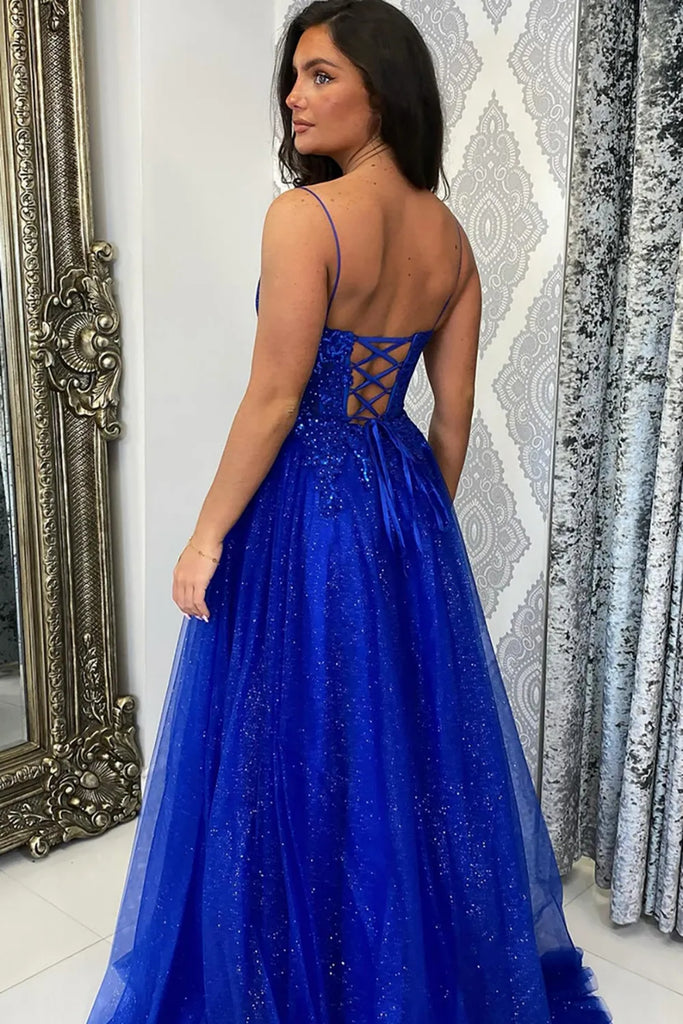 A Line V Neck Backless Royal Blue Lace Long Prom Dress with Leg Slit, abcprom A Line V Neck Backless Royal Blue Lace Long Prom Dress with Leg Slit, abcprom