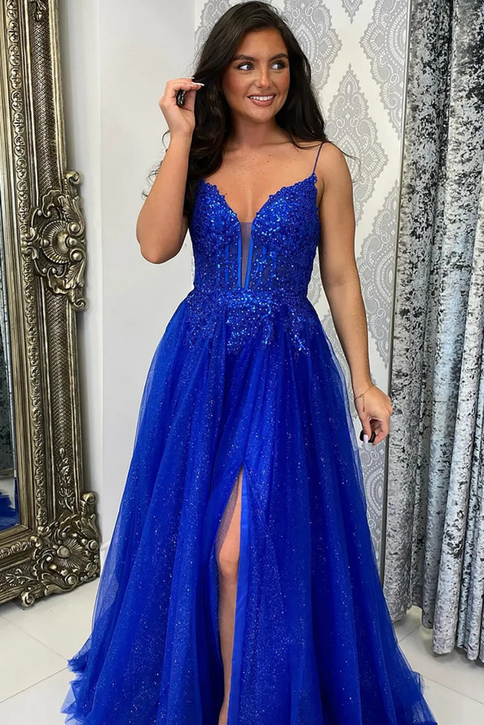 A Line V Neck Backless Royal Blue Lace Long Prom Dress with Leg Slit, abcprom A Line V Neck Backless Royal Blue Lace Long Prom Dress with Leg Slit, abcprom
