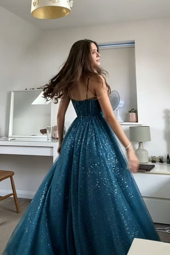 A Line V Neck Backless Teal Tulle Long Prom Dress, Teal Formal Graduat – abcprom