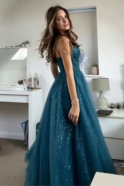 A Line V Neck Backless Teal Tulle Long Prom Dress, Teal Formal Graduation Evening Dress A2596