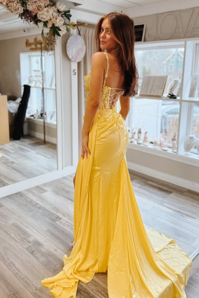 A Line V Neck Backless Yellow Lace Long Prom Dress with High Slit, Yel