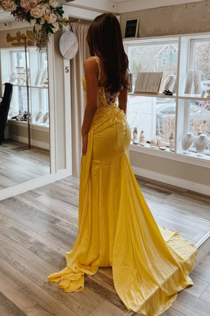 A Line V Neck Backless Yellow Lace Long Prom Dress with High Slit, Yel