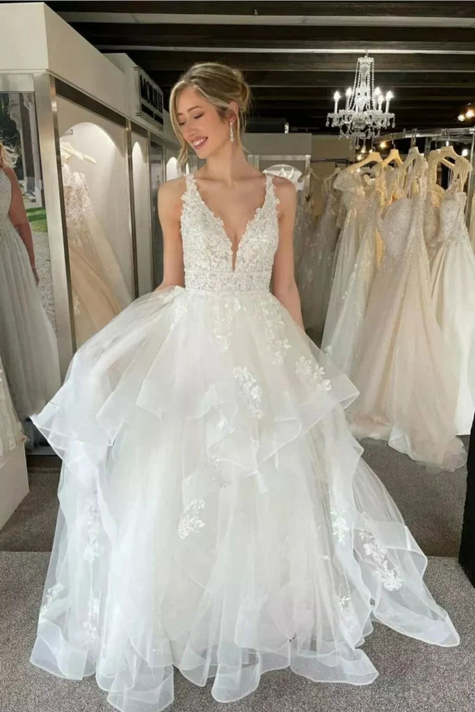 A Line V Neck Beach Tiered Ruffles White Lace Long Prom Dresses, White abcprom A Line V Neck Beach Tiered Ruffles White Lace Long Prom Dresses, White abcprom