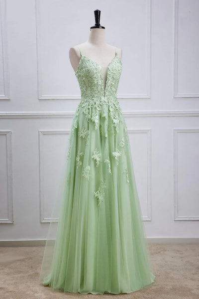 A Line V Neck Beaded Green Lace Long Prom Dress, Green Lace Formal Dress, Green Evening Dress A2065