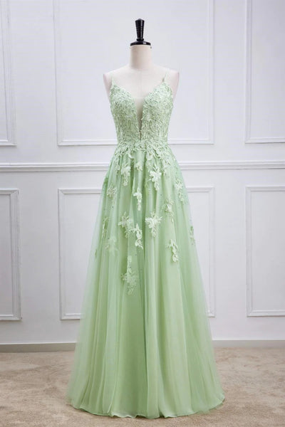 A Line V Neck Beaded Green Lace Long Prom Dress, Green Lace Formal Dress, Green Evening Dress A2065