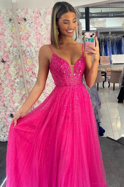 A Line V Neck Beaded Hot Pink Tulle Long Prom Dress, V Neck Hot Pink Formal Graduation Evening Dress A1962