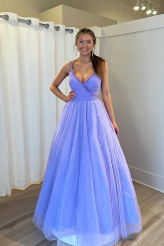 A Line V Neck Beaded Lilac Tulle Long Prom Dress, Lilac Tulle Formal Graduation Evening Dress A2295