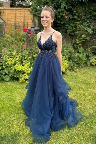 A Line V Neck Beaded Navy Blue Lace Long Prom Dress, Navy Blue Lace Formal Dress, Navy Blue Evening Dress A2535