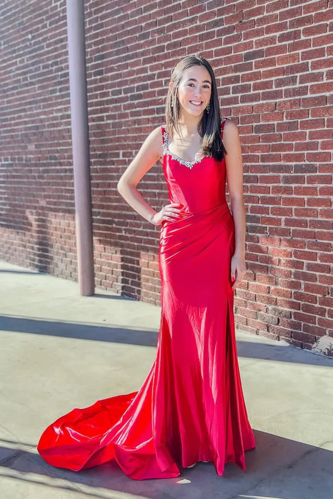 A Line V Neck Beaded Red Satin Long Prom Dress with Train, Long Red Fo abcprom A Line V Neck Beaded Red Satin Long Prom Dress with Train, Long Red Fo abcprom