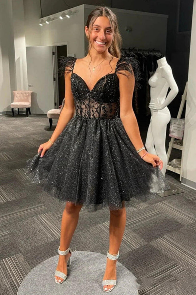 A Line V Neck Black Lace Short Prom Dress, Black Lace Homecoming Dress – abcprom