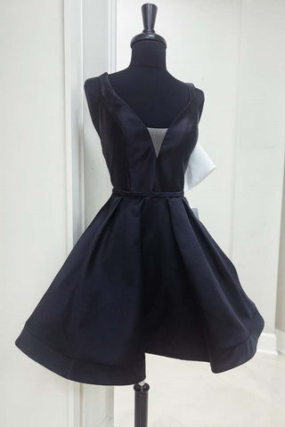 A Line V Neck Black Satin Short Prom Dress with Bowknot Back, V Neck Black Homecoming Dress A2422