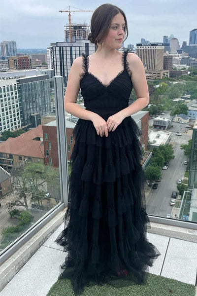 A Line V Neck Black Tulle Layered Long Prom Dress, Open Back V Neck Black Formal Graduation Evening Dress A1987