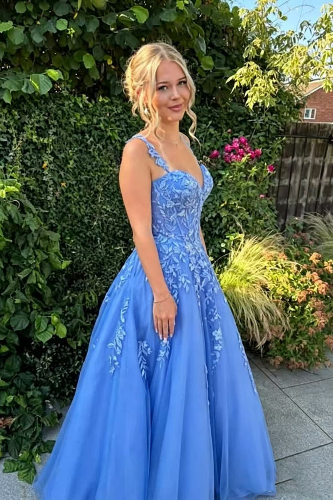 A Line V Neck Blue Lace Long Prom Dress, Blue Lace Formal Dress, Blue Tulle Evening Dress A2626