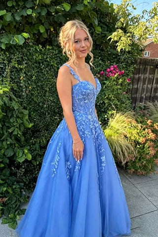 A Line V Neck Blue Lace Long Prom Dress, Blue Lace Formal Dress, Blue Tulle Evening Dress A2626