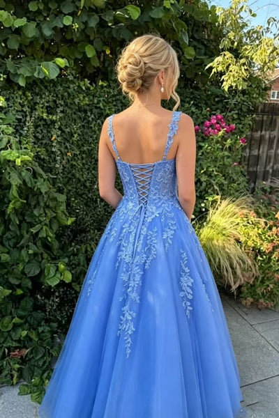 A Line V Neck Blue Lace Long Prom Dress, Blue Lace Formal Dress, Blue Tulle Evening Dress A2626