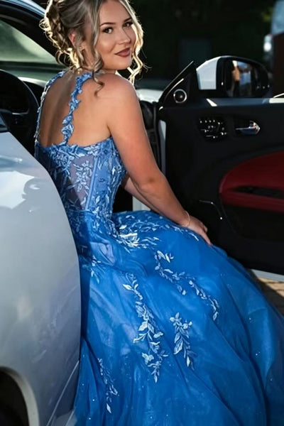 A Line V Neck Blue Lace Long Prom Dress, Blue Lace Formal Dress, Blue Tulle Evening Dress A2626