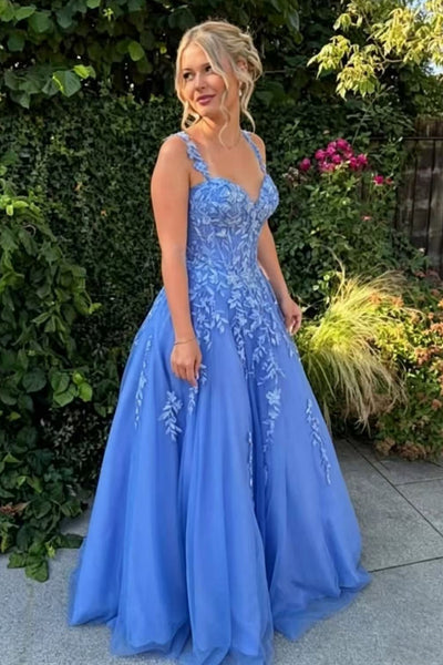 A Line V Neck Blue Lace Long Prom Dress, Blue Lace Formal Dress, Blue Tulle Evening Dress A2626