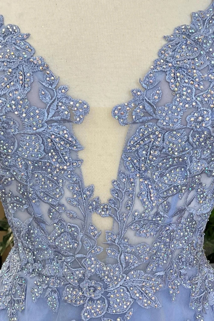 A Line V Neck Blue Lace Long Prom Dress, V Neck Blue Formal Dress, Blu